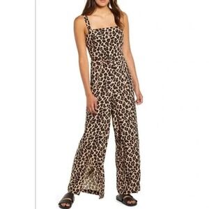 Band of Gypsies Womens Jumpsuit Leopard Print Belted Wide Leg Tan Black‎ Brown S